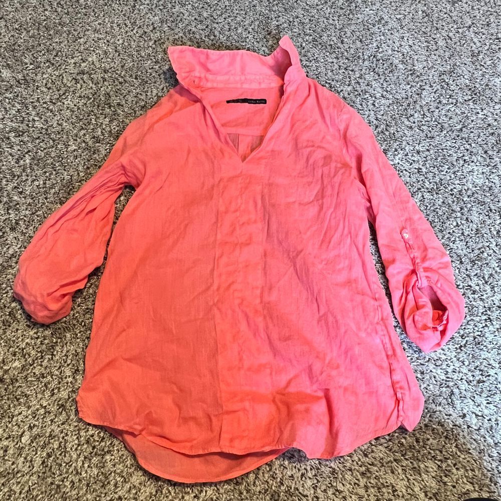 Zara Basic Coral V-Neck Long‎ Sleeve Blouse Casual Office Top XS